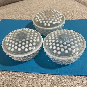 Three (3) Hobnail glass bowls with lids. 2.5” tall with the lid on, 4.5” wide